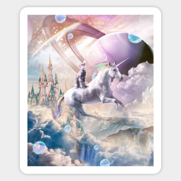 Rainbow Galaxy Cat Riding Unicorn In Space Sticker by Random Galaxy